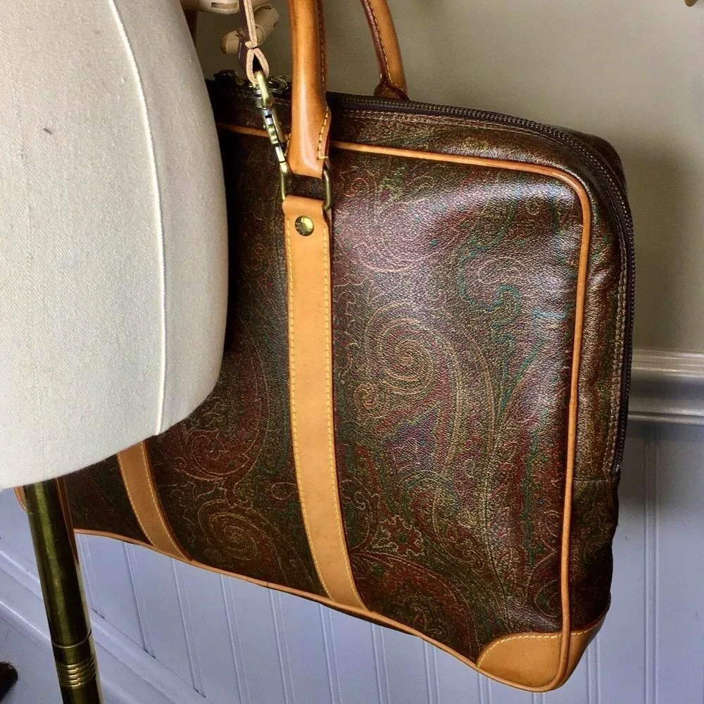 ETRO MILANO Red Paisley Coated Canvas Vachetta Top Handle Briefcase Laptop Bag